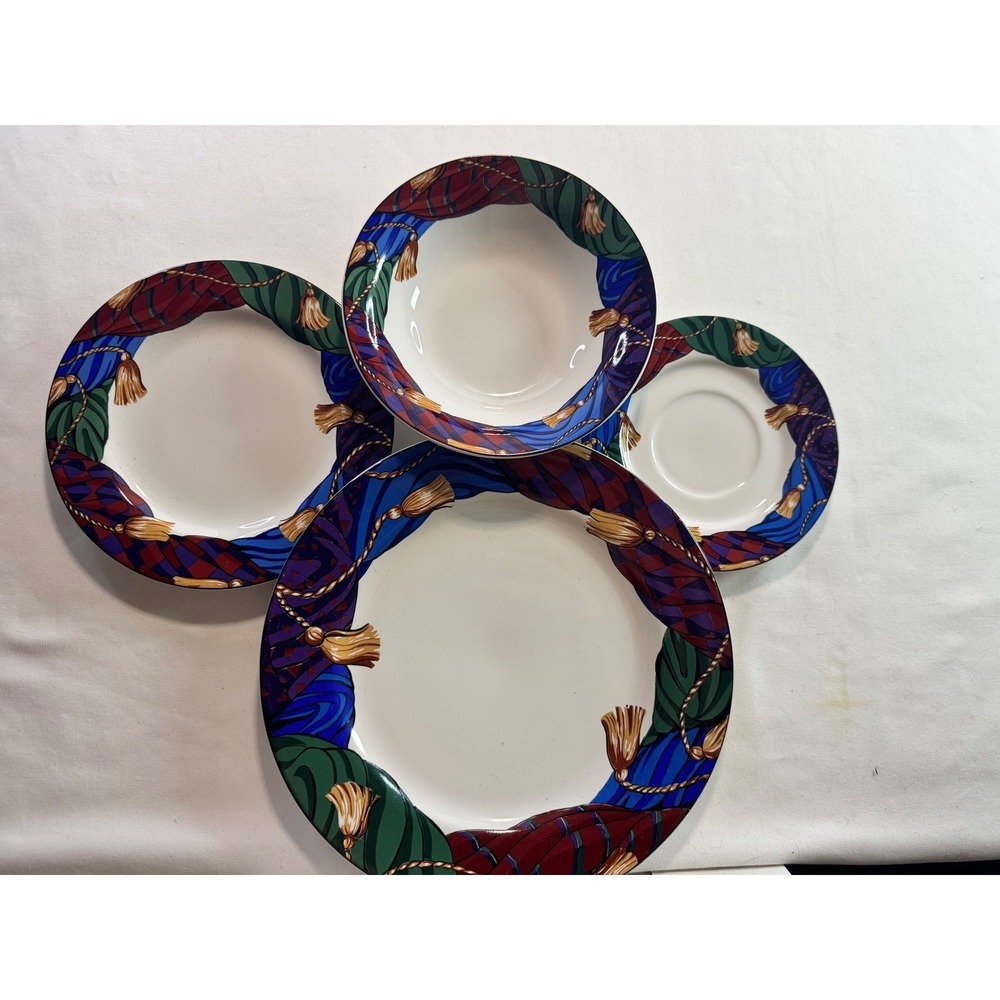 Vitromaster Curtain Call Sue Zipkin 4pc Stoneware Set Plates Bowl 1993 Vintage